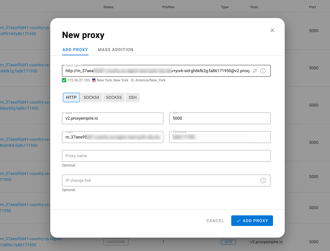 Fenêtre New proxy de Dolphin Anty avec l’URL du proxy collée dans le champ Quick input